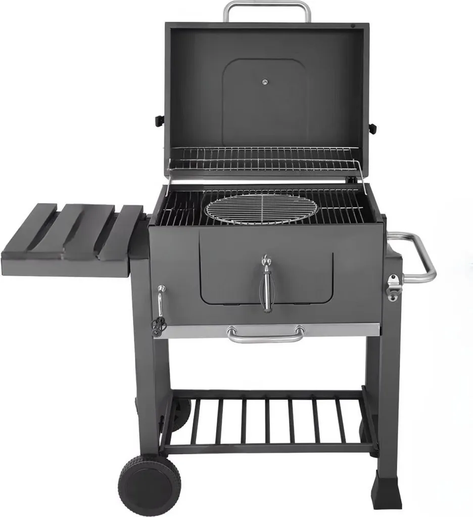 Barbecue au charbon de bois type fumoir avec chariot et tablettes Noir