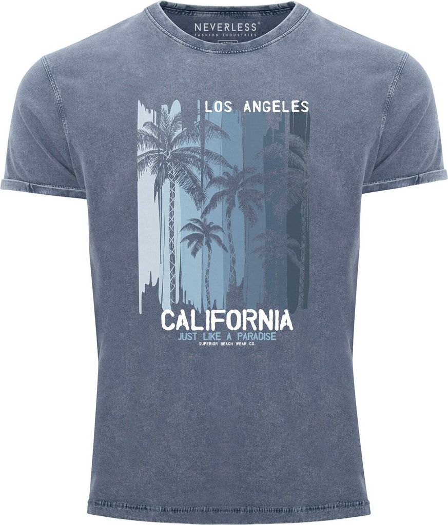 Herren Vintage Shirt Los Angeles California USA Sommer Bedruckt Aufdruck Print Surfing Fashion Streetstyle Used Look Neverless blau XXL