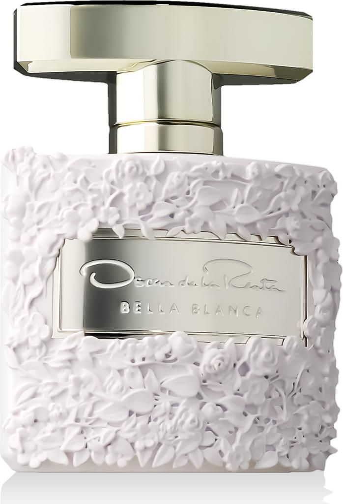 A close-up studio shot of an Oscar de la Renta Bella Blanca Eau de Parfum bottle.