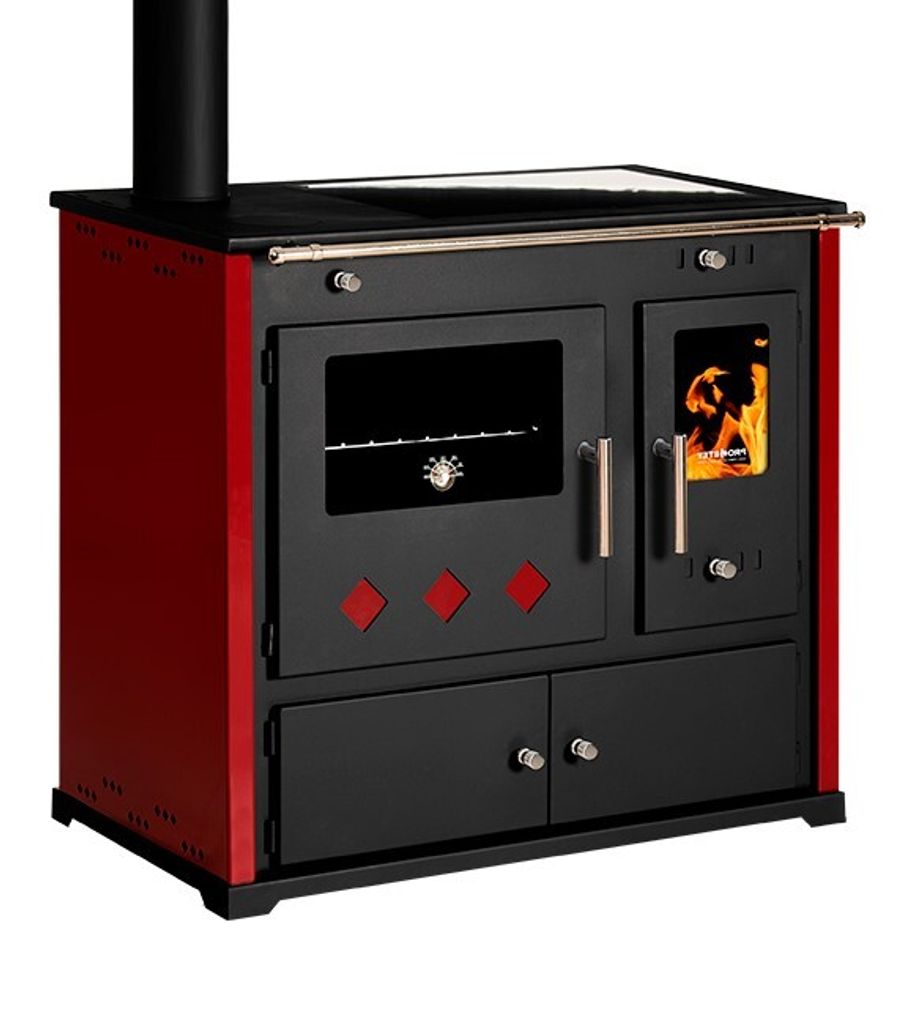 A red and black wood-burning stove with an oven and a glass door showing flames.