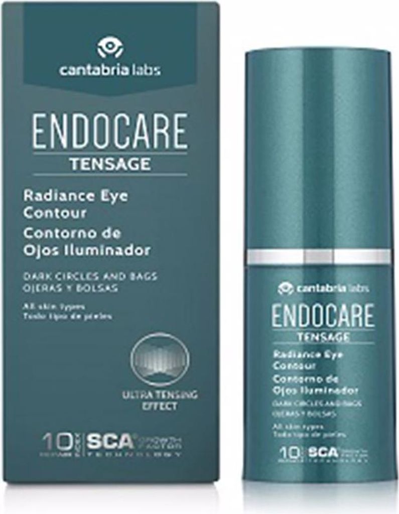 A product box and bottle of Endocare Tensage Radiance Eye Contour.