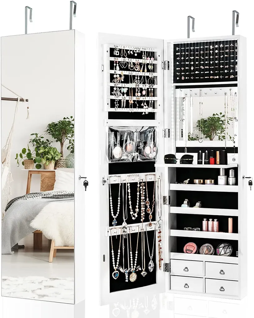 Armoire à bijoux lumineuse LED avec miroir plein pied et 4 tiroirs