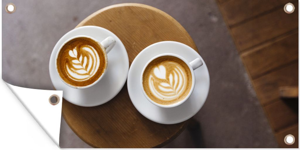MuchoWow 80x40 cm Outdoor-Poster Gartendeko Sichtschutz Garten Poster für den Garten Zwei Kaffeetassen mit Latte Art werden von oben gezeigt