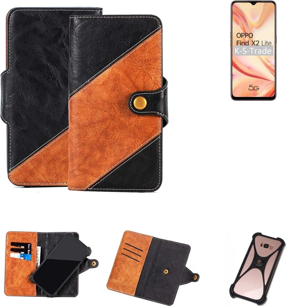 K-S-Trade Handyhülle Schutzhülle Bookstyle Case Wallet-Case kompatibel mit Oppo Find X2 Lite Handy Cover Bumper Klapphülle schwarz hellbraun 1x