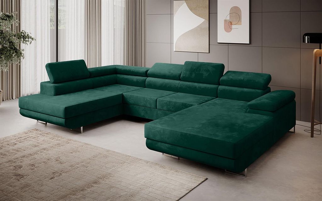 Ecksofa MARGO U- Form, moderne Couch mit Schlaffunktion, verstellbare Kopfstützen, zwei Bettkästen, große Polstercouch – Monolith 37