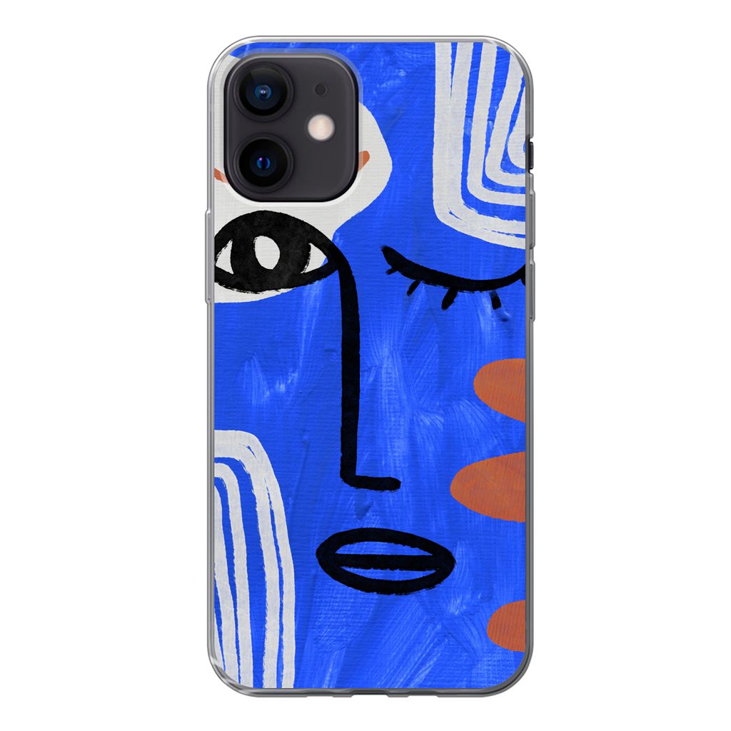 MuchoWow Handyhülle Schutzhülle Hülle für iPhone 12 Gesicht - Blau - Abstrakt Silikon Softcase Handy Hülle - Schutzhülle