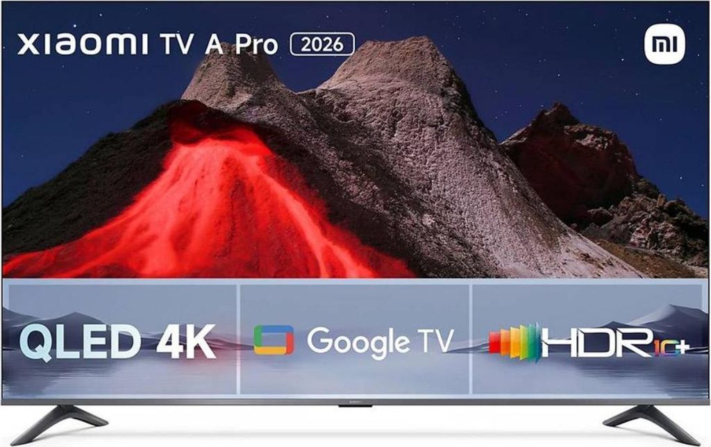 A Xiaomi TV A Pro 2026 with a volcanic landscape displayed on the screen, and feature callouts at the bottom.