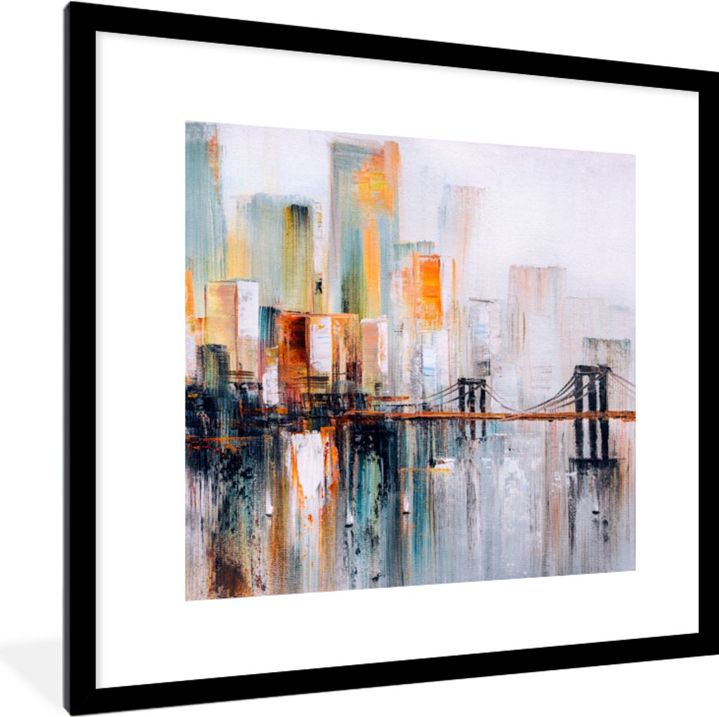MuchoWow Gerahmtes Poster Ölgemälde - Skyline - Abstrakt 40x40 cm - Poster mit Schwarzem Bilderrahmen Wandposter Rahmen Foto Bilder - Poster - ...