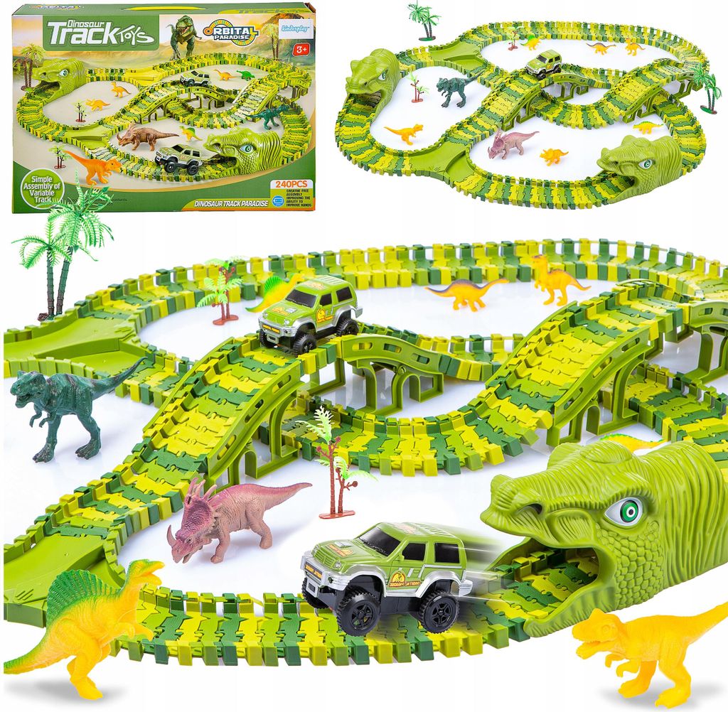 A collage of images showing a dinosaur-themed race track toy set for children, including the product packaging and a detailed view of the assembled track with toy cars and dinosaurs.