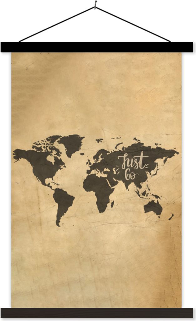 MuchoWow Textilposter Weltkarte - Zitat - Beige 120x180 cm mit schwarzem Rahmen - Fotos