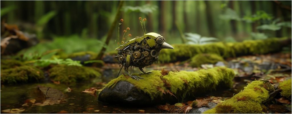 Wallario Premium Glasbild, freischwebende Optik, kräftige Farben, Größe 125 x 50 cm Motiv Mechanischer Waldvogel