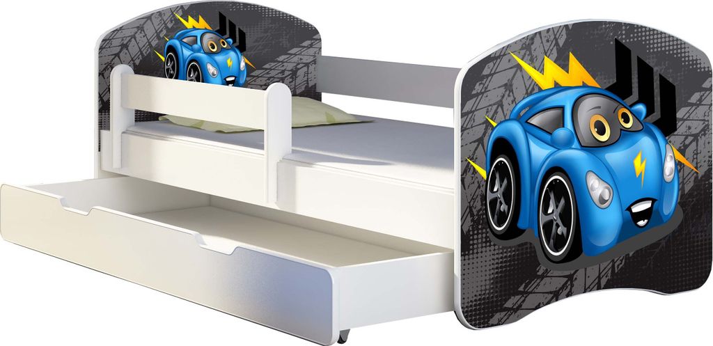 ACMA Jugendbett Kinderbett Junior-Bett Komplett-Set mit Matratze Lattenrost und Rausfallschutz Weiß 05 Blaue Auto 140x70 + Bettkasten