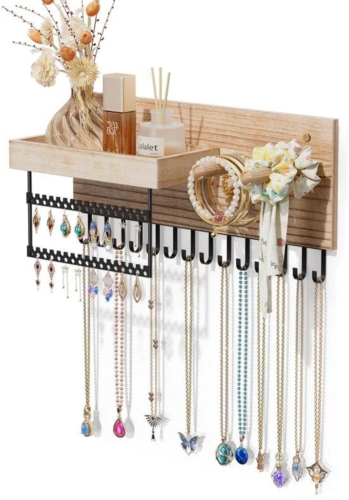 Organiseur de bijoux en bois mural avec 15 crochets pour colliers