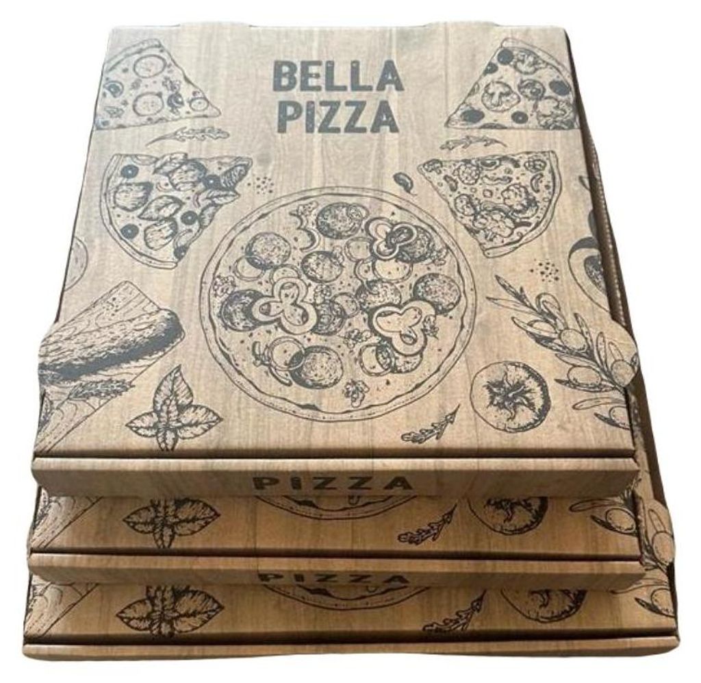 A stack of pizza boxes with a decorative print.