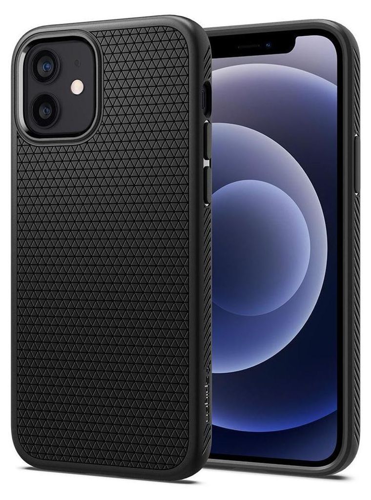 A black iPhone case is shown with the phone inside, displayed against a light gray background.