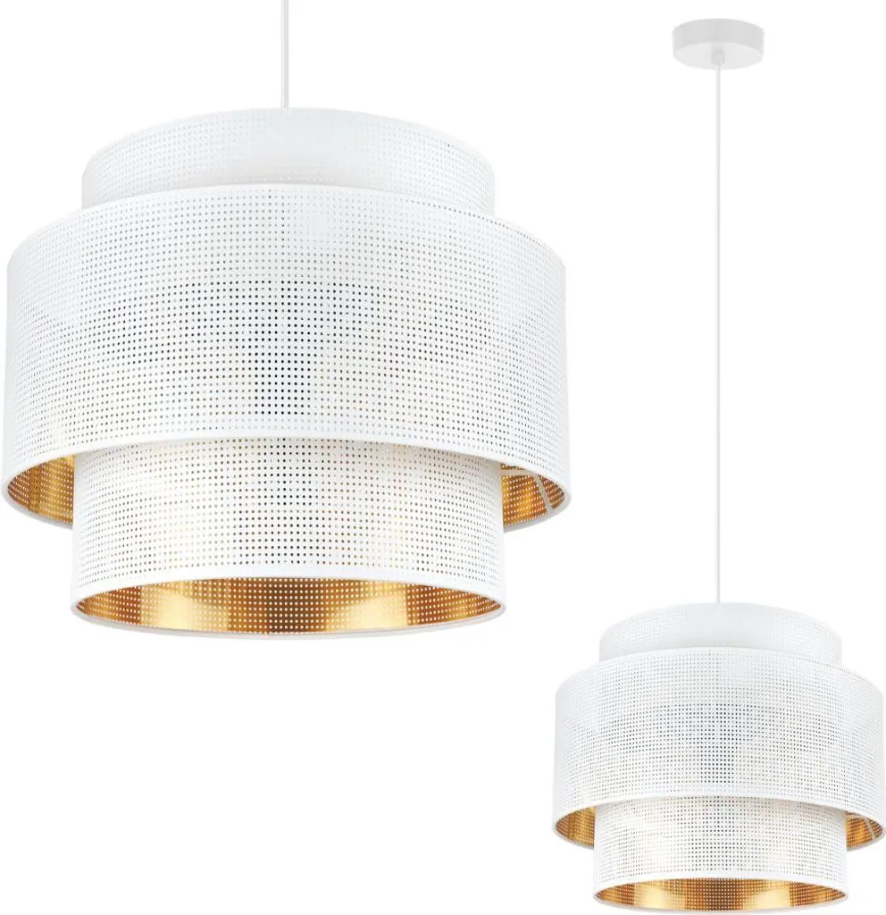 Luminaire Suspendu Blanc Or 35cm Asti Trio avec Abat-jour en Mesh