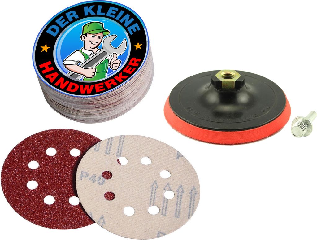 A set of sanding discs and a sanding pad are displayed against a white background.