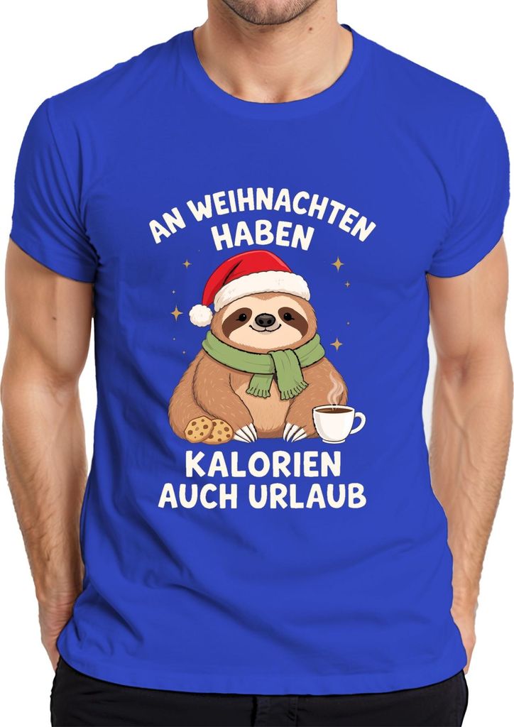 An Weihnachten haben Kalorien auch Urlaub Faultier lustig Keks Herren T-Shirt, Blau, XXL