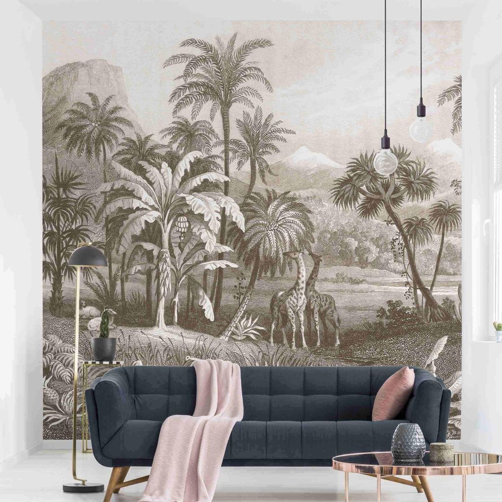 Fototapete Wald - Vliestapete - Bildtapete UV-beständig Pflanzen beige Vintage Wandtapete geruchsfrei