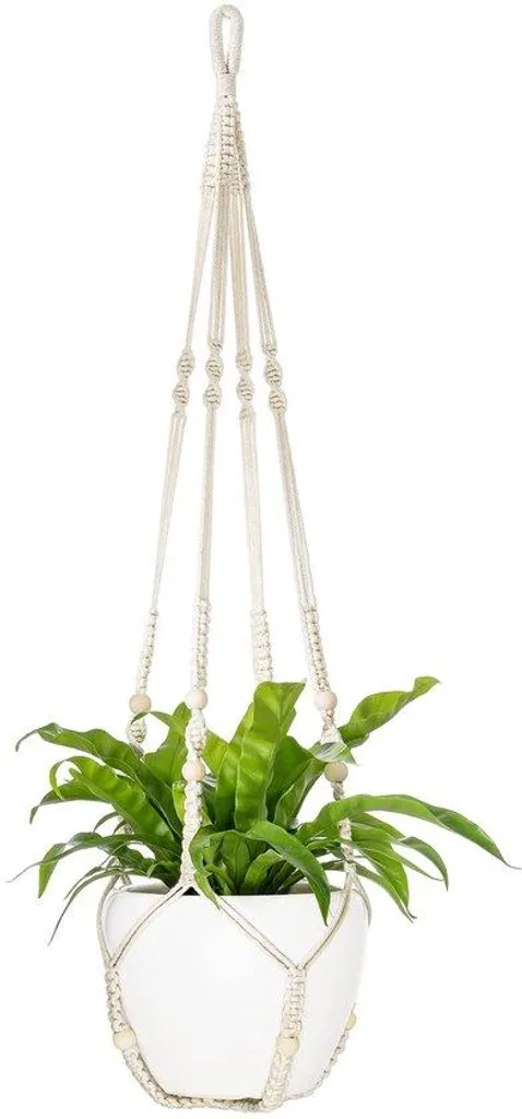 Macramé porte-plante bohème 109 cm, perles bois et coton pour gros pots