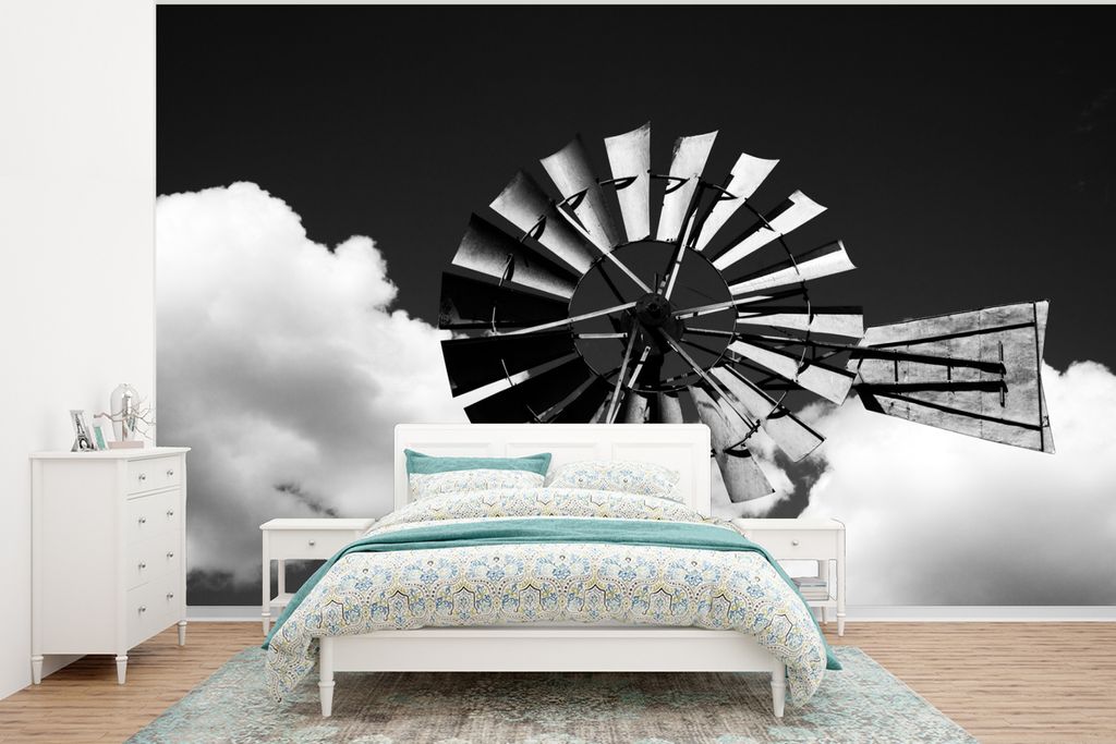 MuchoWow Fototapete für Wohnzimmer oder Schlafzimmer Wandtapete Vinyl Motivtapete Windmühle - Vintage - Schwarz - Weiß - 400x300 cm - Papierta...
