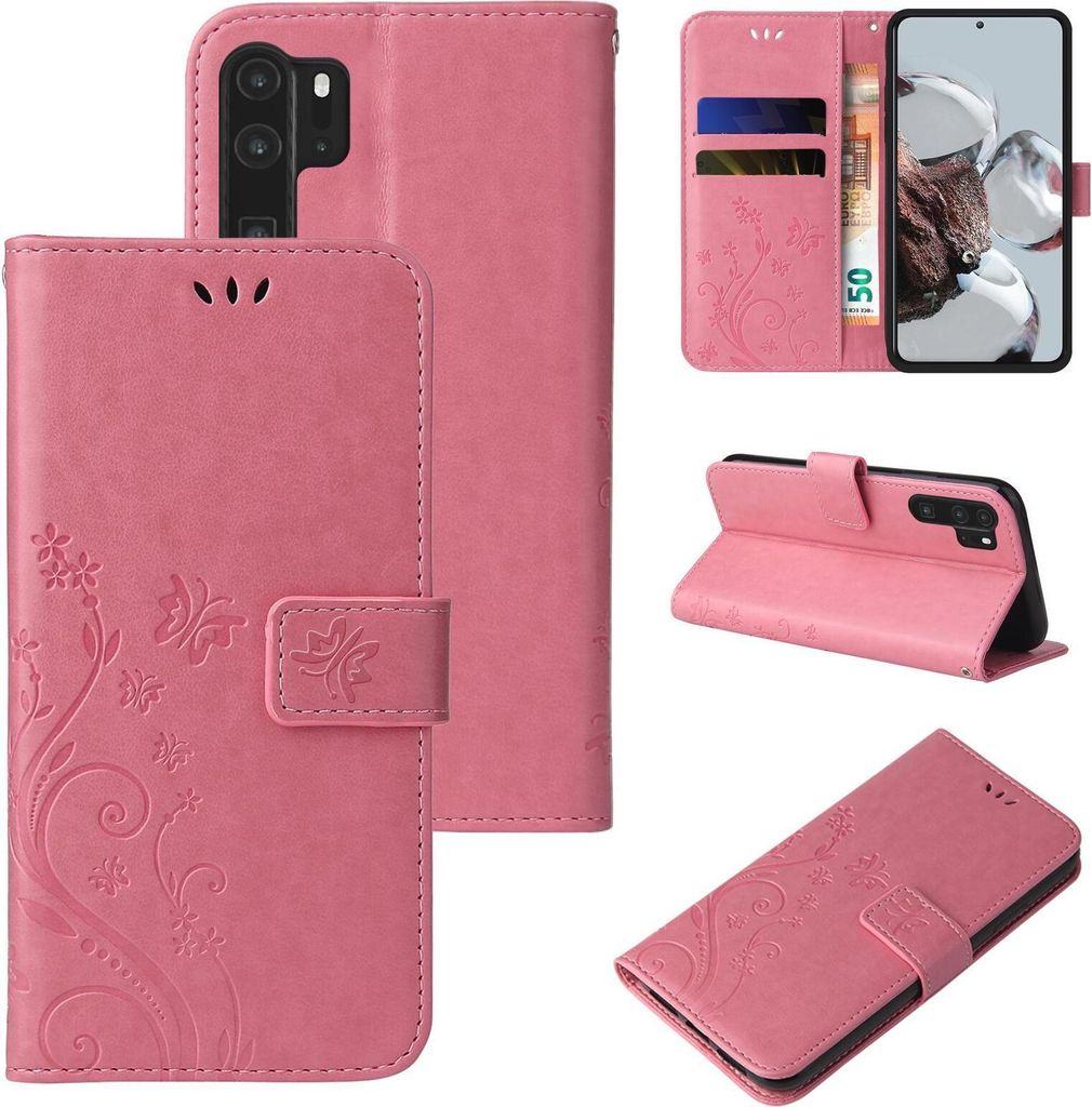 Handyhülle für Huawei P30 Pro Floral Blumen Schmetterling Flip Cover Hülle Case Klapphülle Handytasche Farbe: Rosegold