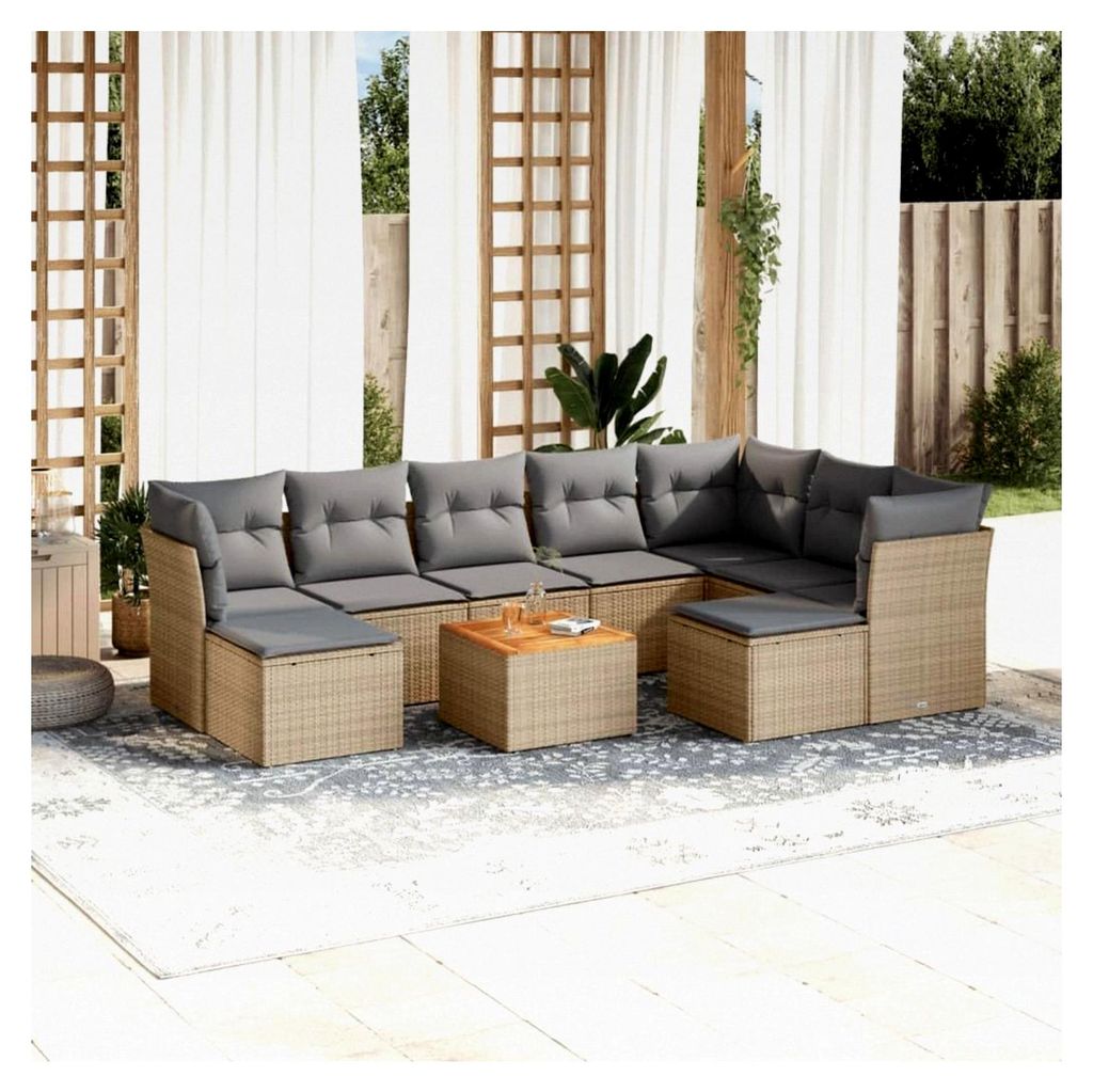 Gartenmöbel-Set mit Kissen, Beige, 10-teilig, Polyrattan, Outdoor-Möbel-Set