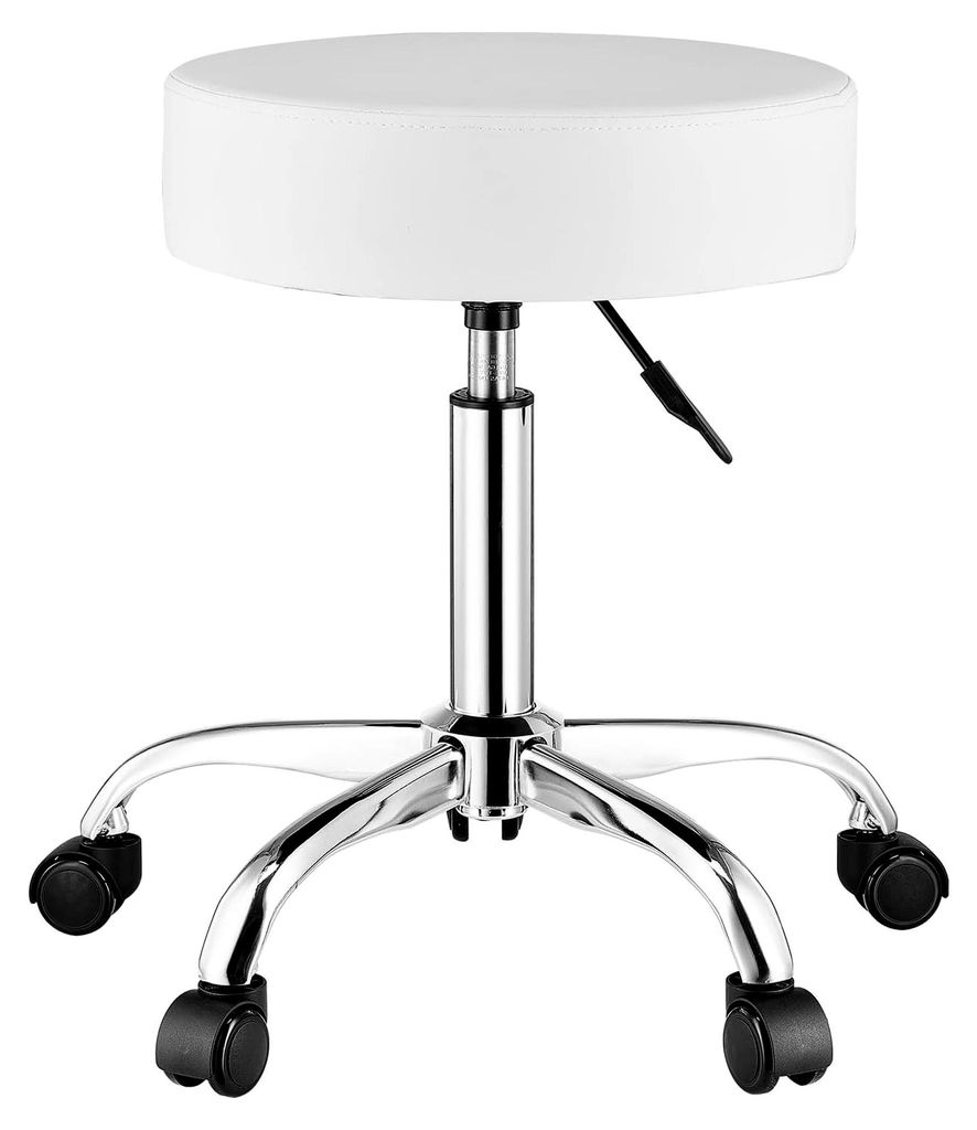 Runder Sattelhocker, höhenverstellbar (55-71 cm), belastbar bis 204 kg, Drehhocker aus Kunstleder, geeignet für Salon, Spa, Massage, Klinik, weiß