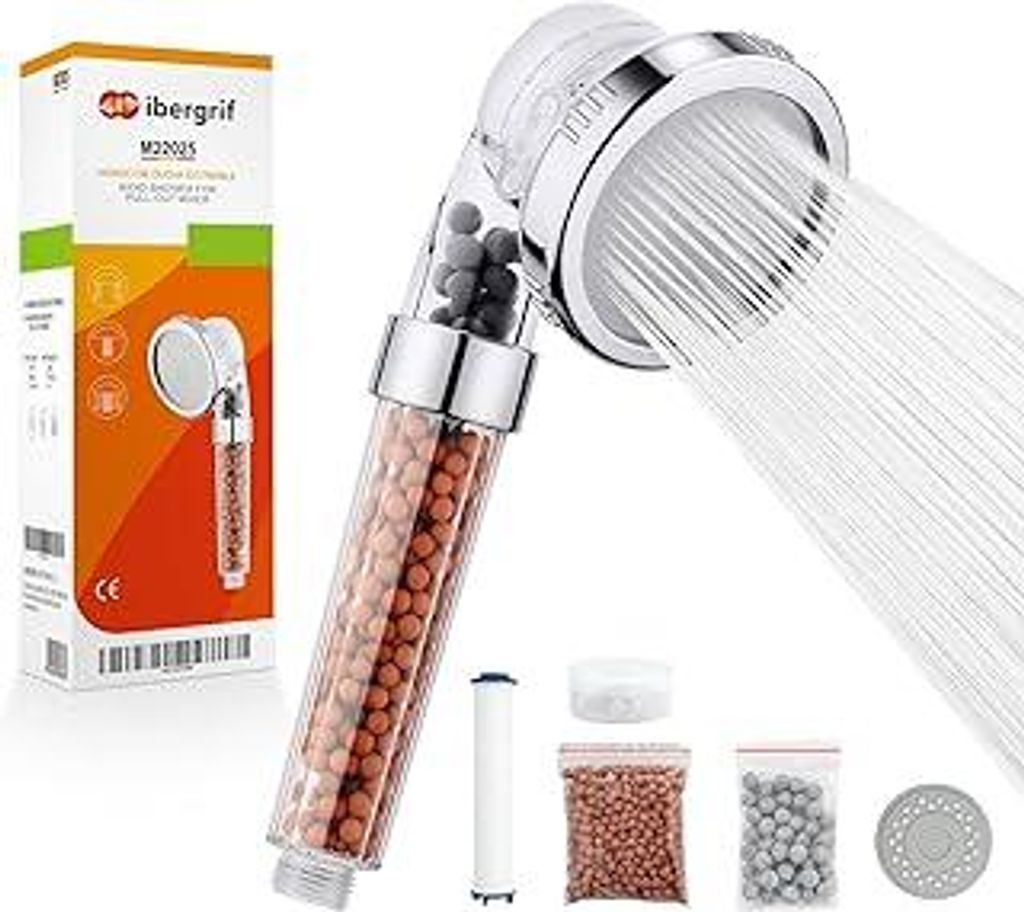 Ibergrif Duschkopf mit Filter – Wassersparende Hochdruck-Handbrause mit 3 Strahlarten, 3-Schichten-Filtration gegen Chlor, Bakterien & Kalk, Anti...