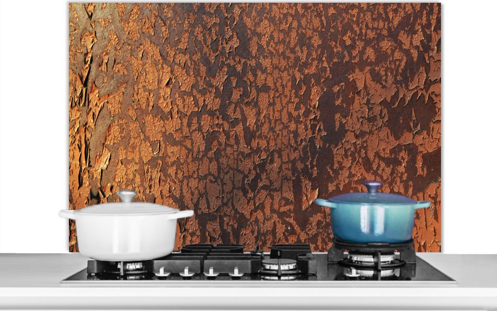 KitchenYeah Spritzschutz Küche - Küchenrückwand - Wandschutz für Herd und Spüle - Retro - Stahl - Metalle - Rost 100x65 - Alu-Dibond (Alter...