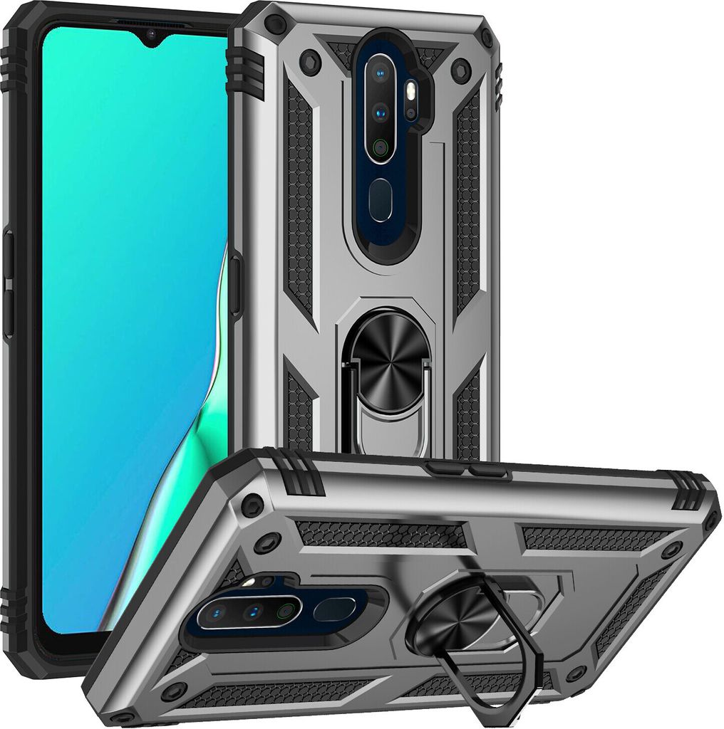 OPPO A9 2020 Hülle, Dual Layer Robust Militäre Schutzhülle mit Ringhalterung Ständer für OPPO A9 2020 / A5 2020 Silber