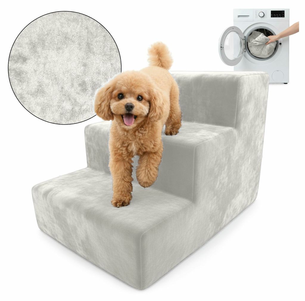 Muralo Treppe für Hund und Katze Rampe HUNDETREPPE Treppe für Haustiere 3 Stufen Creme Magic Velvet Stoff