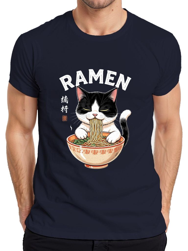 Ramen Katze Nudeln Essen Japanisch Lustig Geschenk Vintage Herren T-Shirt, Navy, S