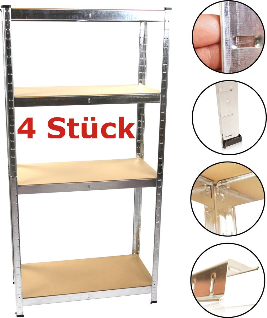 SET 4x Schwerlastregal 80 x 40 x 160 cm, MDF Boden
