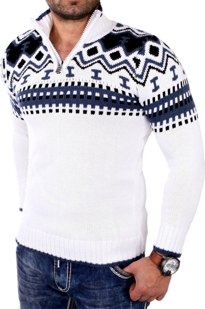 Reslad Herren Strickpullover Crewneck Zipper Norweger Pullover RS-3110 Weiß 2XL