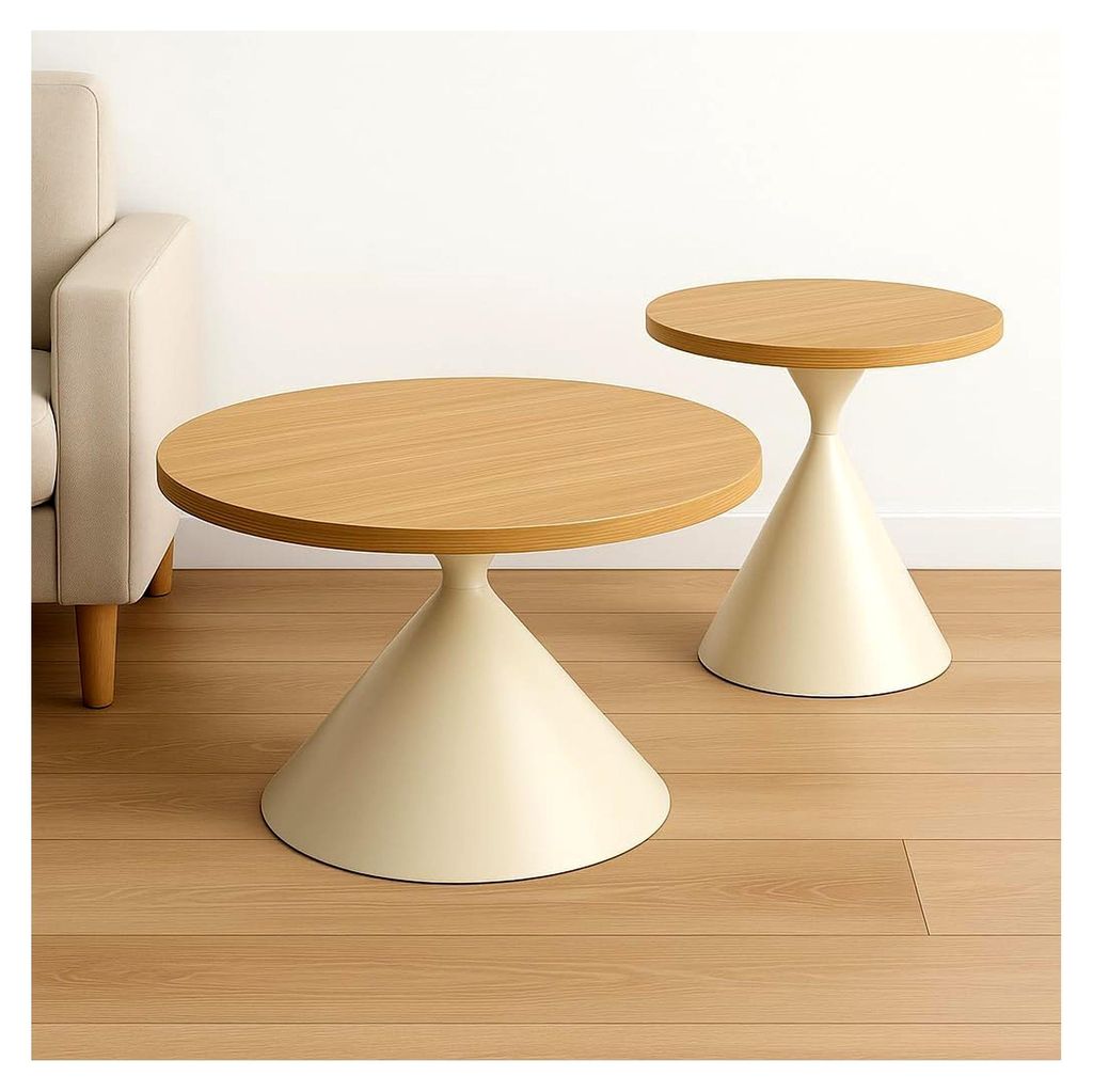 Couchtisch Set 2 Stück – Rund, skandinavisches Design – Helles Holz & Weiß – Beistelltisch oder Sofatisch