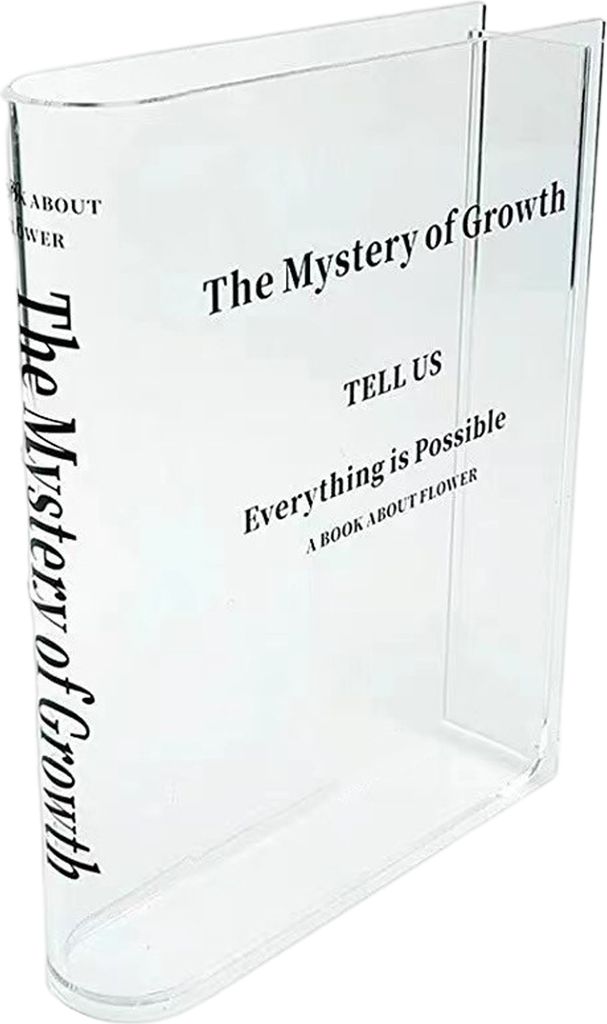Buchvase, transparent, mit Buchstabenaufdruck, in Buchform, Blumenarrangement im angesagten Stil, Farbverlauf, Blumenvase, Haushaltsartikel