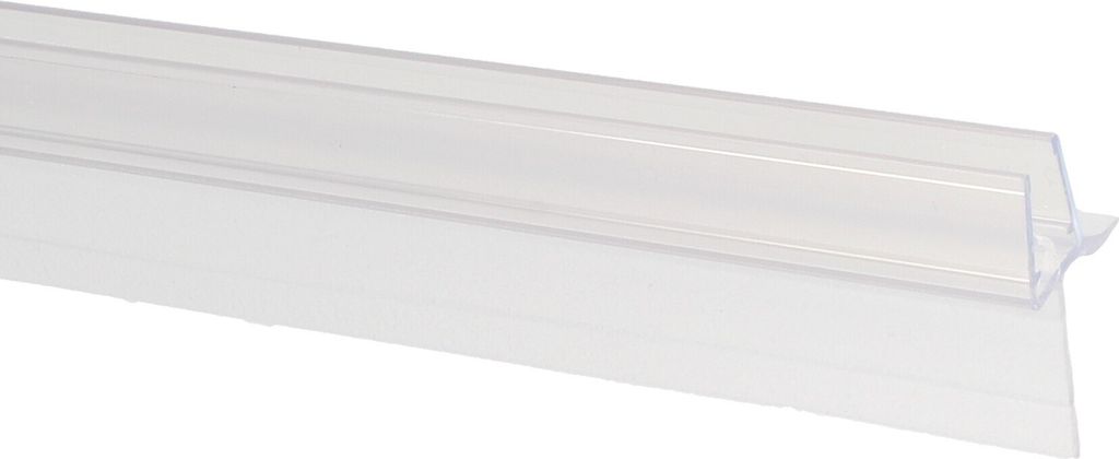 A clear, close-up shot of a transparent shower door seal strip against a white background.