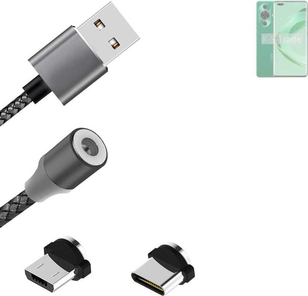 K-S-Trade Hochwertiges Magnet-Lade-kabel Sync-Kabel Daten-Kabel kompatibel mit Huawei Nova 11 Pro mit USB-Typ-C-Anschluss und Micro-USB-Anschluss 2A