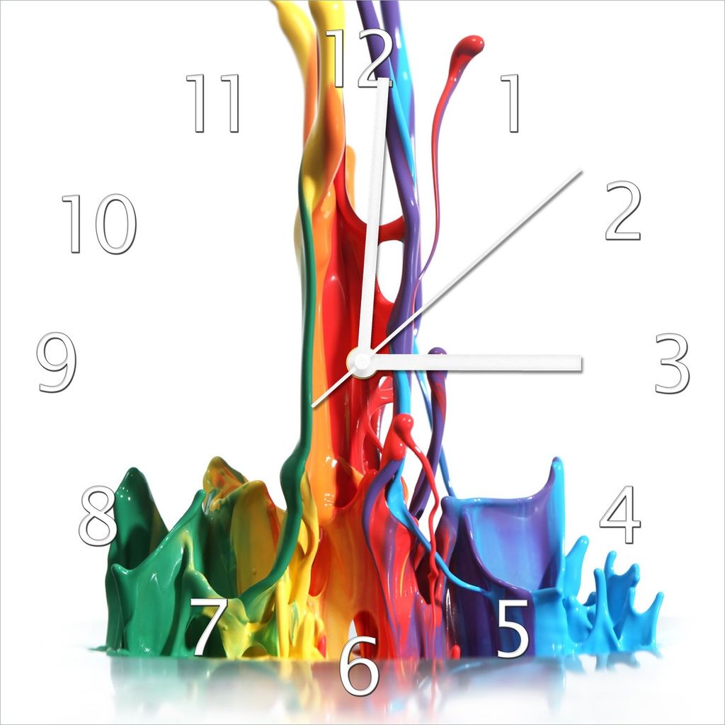 Wallario Design Wanduhr Farbklecks von links - Bunte Farben auf Abwegen aus Echtglas, Größe 30 x 30 cm