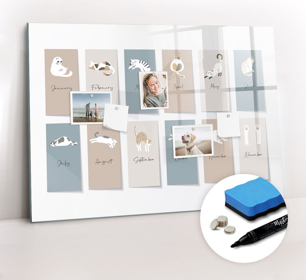 Magnetpinnwand Memoboard - Zubehörsatz - Schwarzer Marker + Schwamm + Magnete - 100 x 70 cm - Katzenkalender