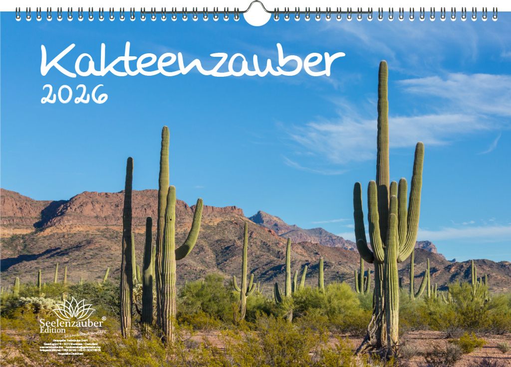 Kakteenzauber DIN A3 Kalender für 2026 Kakteen und Blüten - Seelenzauber