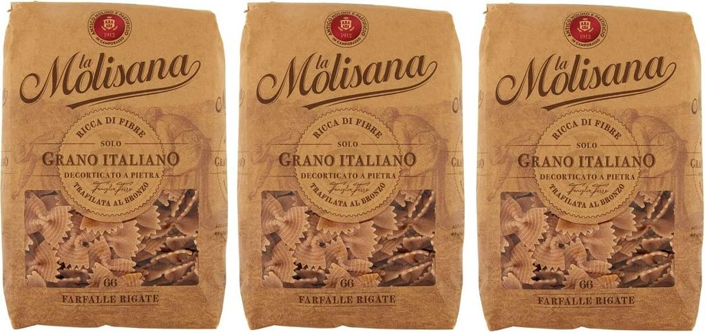 3x La Molisana Pasta Integrale Farfalle Rigate n°66 Vollkornnudeln Vollkornpasta,100% italienischer Weizen,Bronzepaste 500g Packung + Italian Gour...