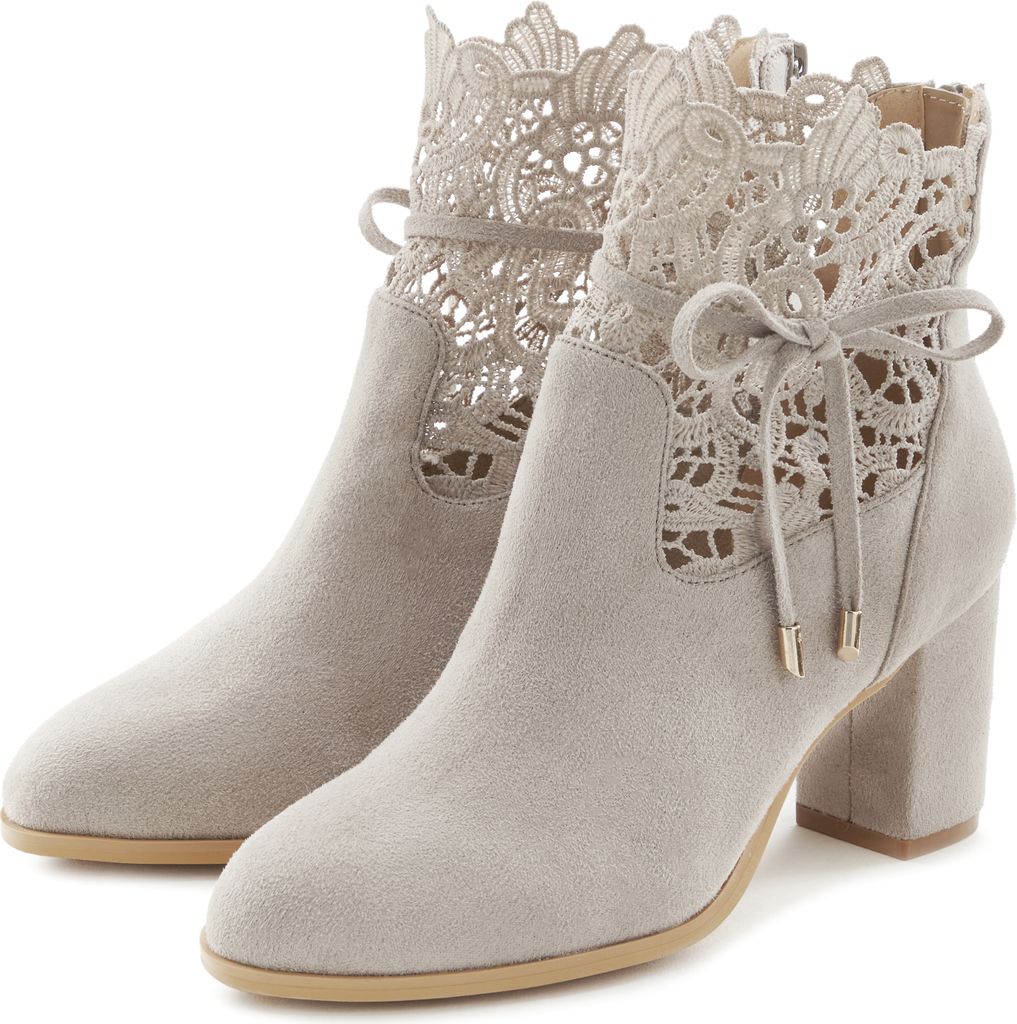 A pair of light gray lace-trimmed ankle boots with block heels, presented against a white background.
