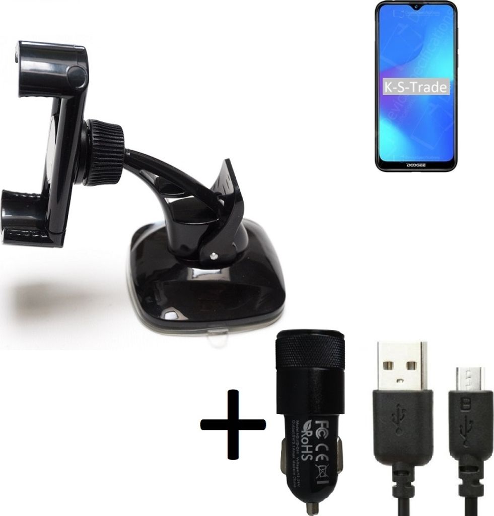 K-S-Trade Halterung kompatibel mit Doogee Y8 Windschutzscheibe / Armaturenbrett + LADEGERÄT mit Mico USB Kabel Autohalterung KFZ Halter