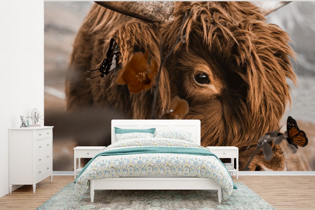 MuchoWow Fototapete für Wohnzimmer oder Schlafzimmer Wandtapete Vinyl Motivtapete Schottische Highlander - Blumen - Schmetterlinge - 295x220 cm ...