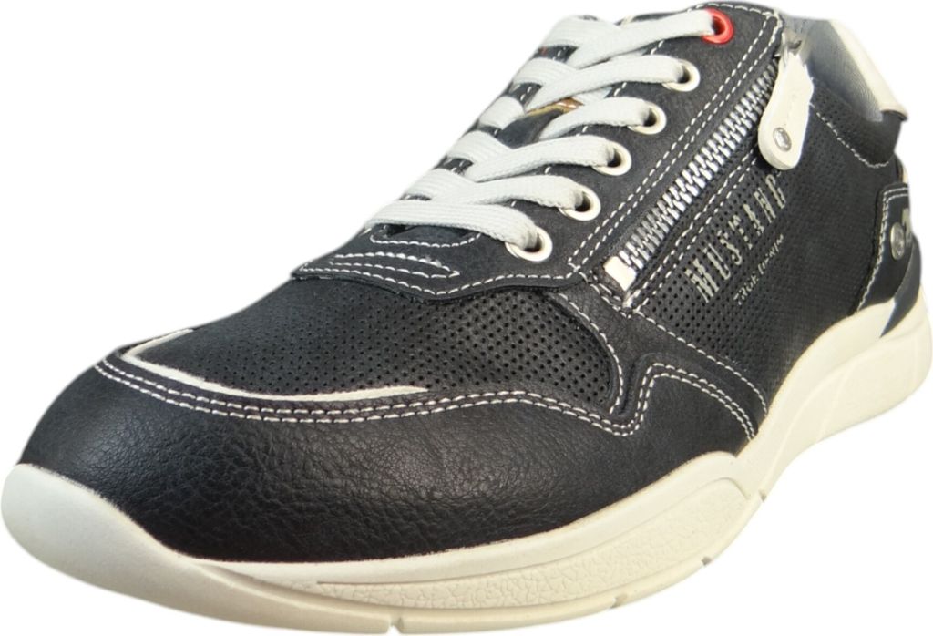 A single blue sneaker with white laces and sole, shown from a side angle against a white background.