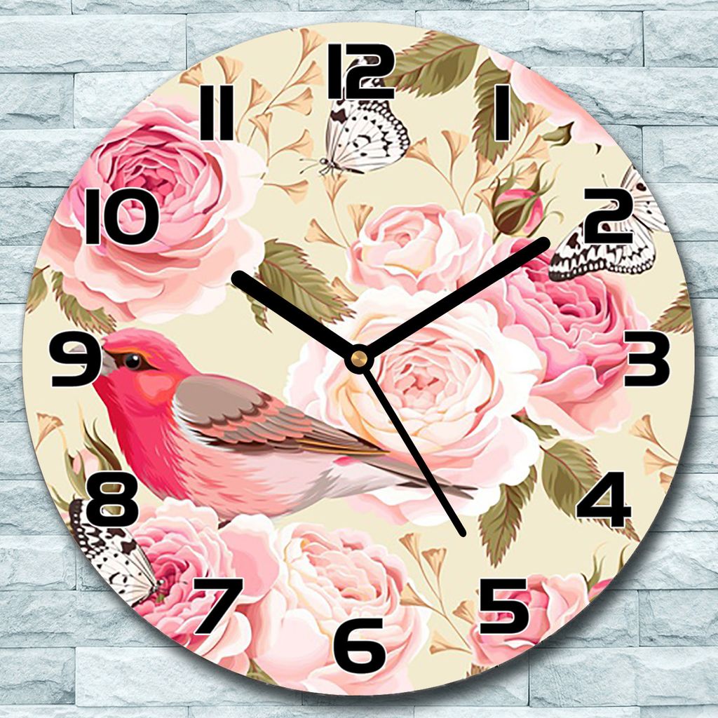 Wanduhr aus Glas Rund fi 30 Blumen vögel rosa Quarz Deko Schlafzimmer Büro