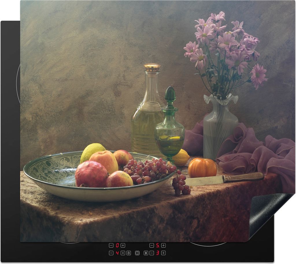 KitchenYeah Herdabdeckplatte Stillleben - Künstlerisch - Malerei - Blumen - Lila - Obst - Beleuchtung , 60x52cm, Küche Deko, Glaskeramikfeld He...