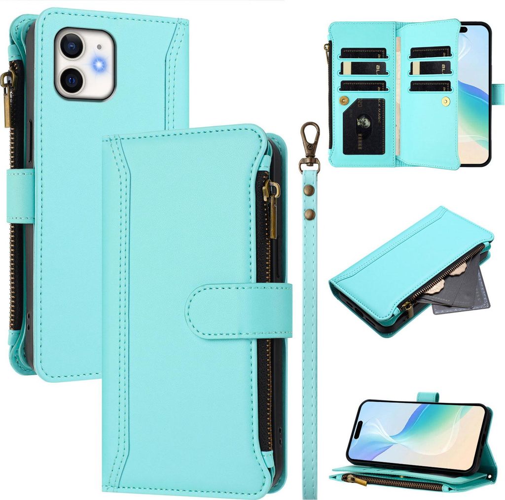 Handyhülle für iPhone 12 Mini Reißverschluss Geldbörse Kunstleder Klapphülle mit Kartensteckplatz, Ständer, Handschlaufe Türkis